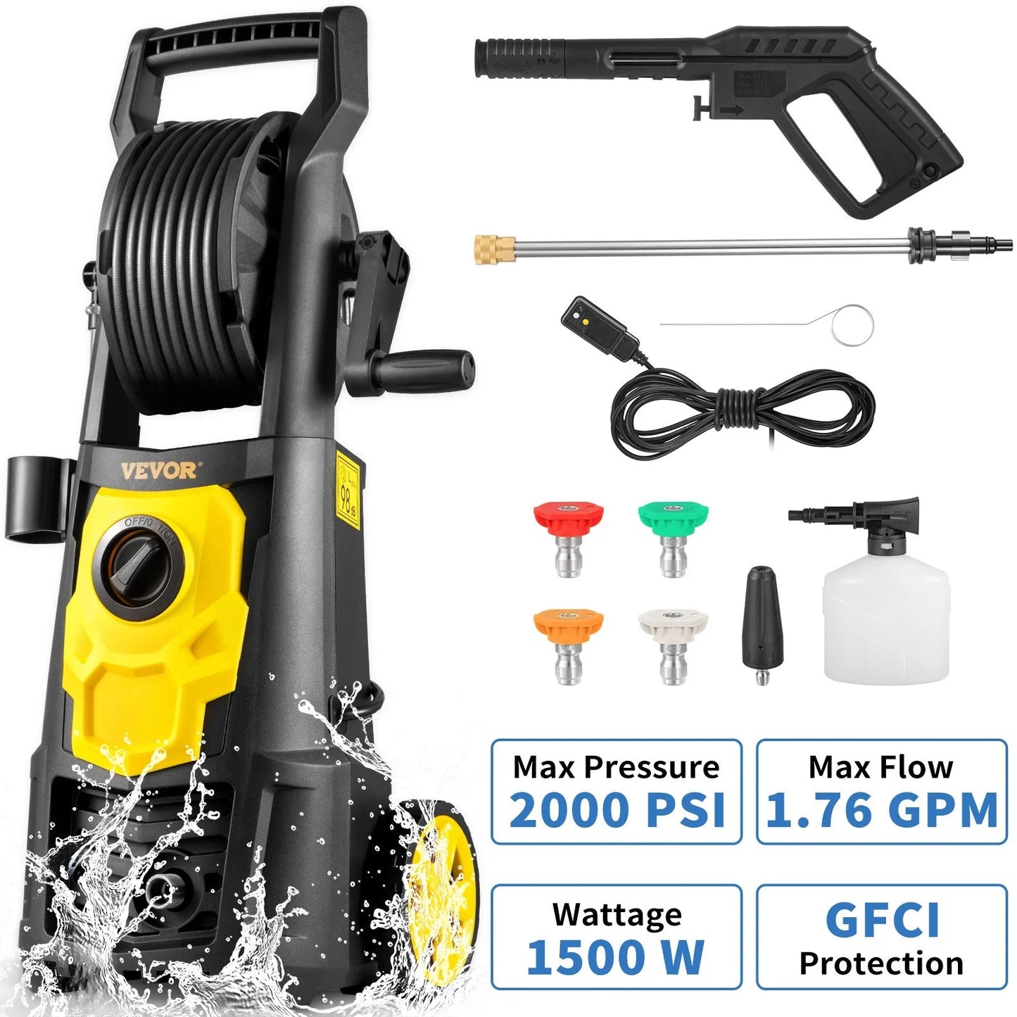 VEVOR Electric Pressure Washer 2000 PSI – 1.76 GPM Portable Power Washer with 30 Ft Hose, 5 Nozzles & Foam Cannon, Patio, Car & Driveway Cleaner, ETL Certified - RELUX.STORE