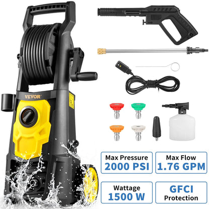 VEVOR Electric Pressure Washer 2000 PSI – 1.76 GPM Portable Power Washer with 30 Ft Hose, 5 Nozzles & Foam Cannon, Patio, Car & Driveway Cleaner, ETL Certified - RELUX.STORE