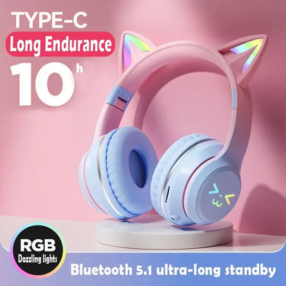 Wireless RGB Cat Ear Headphones – Cute Girls & Kids Headset with Mic, Stereo Music, Gaming Lights & Earbud Controls - RELUX.STORE