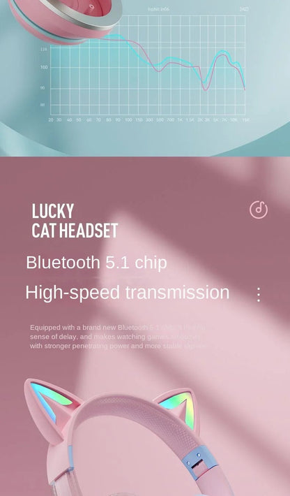 Wireless RGB Cat Ear Headphones – Cute Girls & Kids Headset with Mic, Stereo Music, Gaming Lights & Earbud Controls - RELUX.STORE