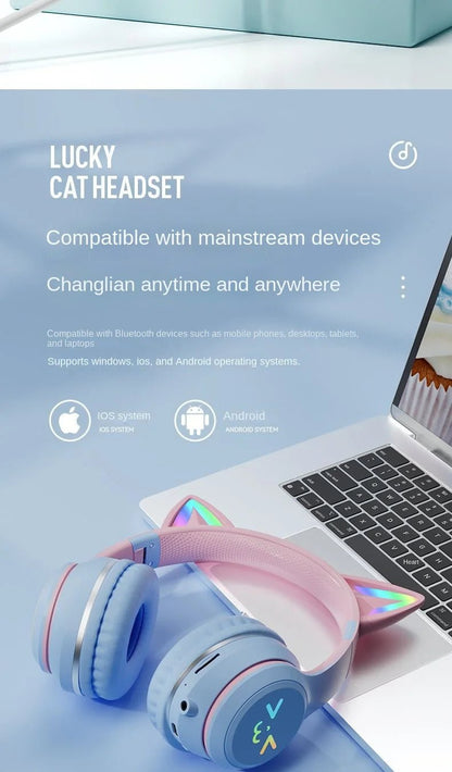 Wireless RGB Cat Ear Headphones – Cute Girls & Kids Headset with Mic, Stereo Music, Gaming Lights & Earbud Controls - RELUX.STORE