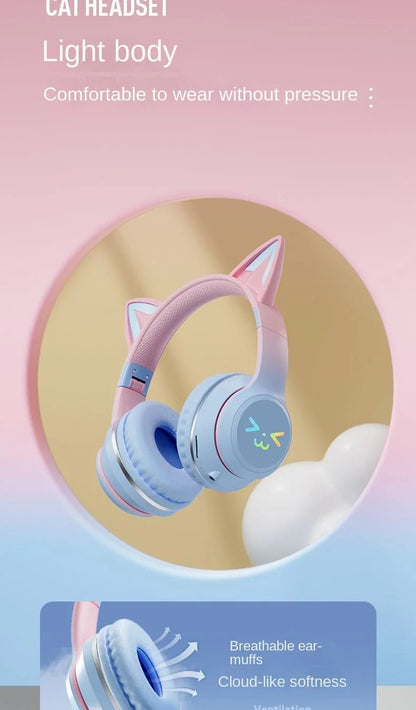 Wireless RGB Cat Ear Headphones – Cute Girls & Kids Headset with Mic, Stereo Music, Gaming Lights & Earbud Controls - RELUX.STORE