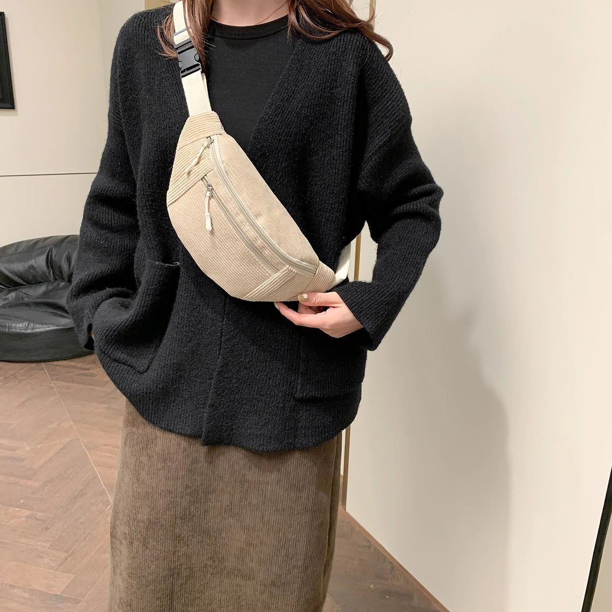 Women Waist Bag Corduroy Student Shoulder Handbag Crossbody Chest Breast Bag Fanny Pack Fashion Phone Female Bum Belt Purse - RELUX.STORE