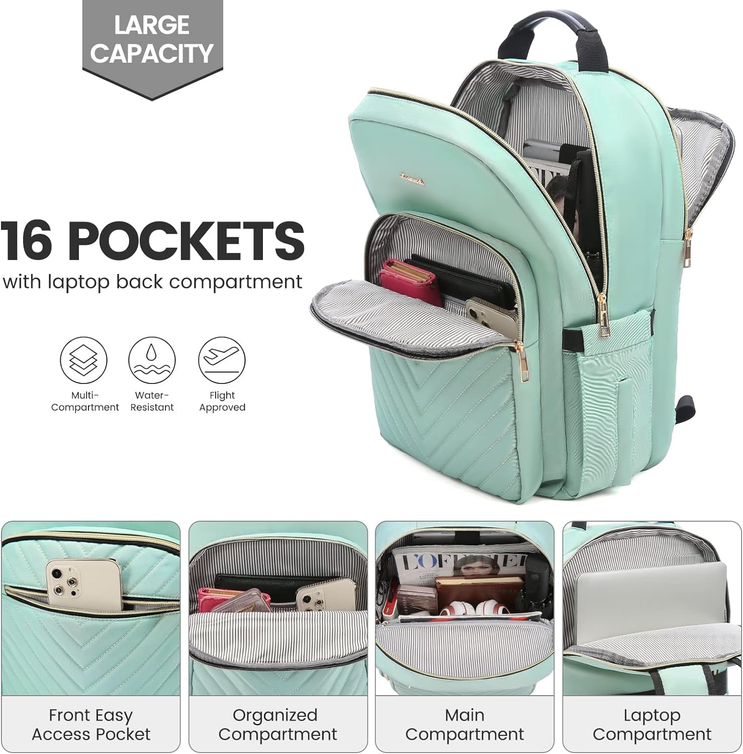 Women’s Laptop Backpack 15.6 Inch – Stylish Waterproof Travel Backpack Purse with USB Charging Port | Professional College, Work, Teacher & Business Computer Bag (Mint Green) - RELUX.STORE