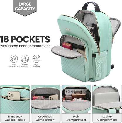 Women’s Laptop Backpack 15.6 Inch – Stylish Waterproof Travel Backpack Purse with USB Charging Port | Professional College, Work, Teacher & Business Computer Bag (Mint Green) - RELUX.STORE