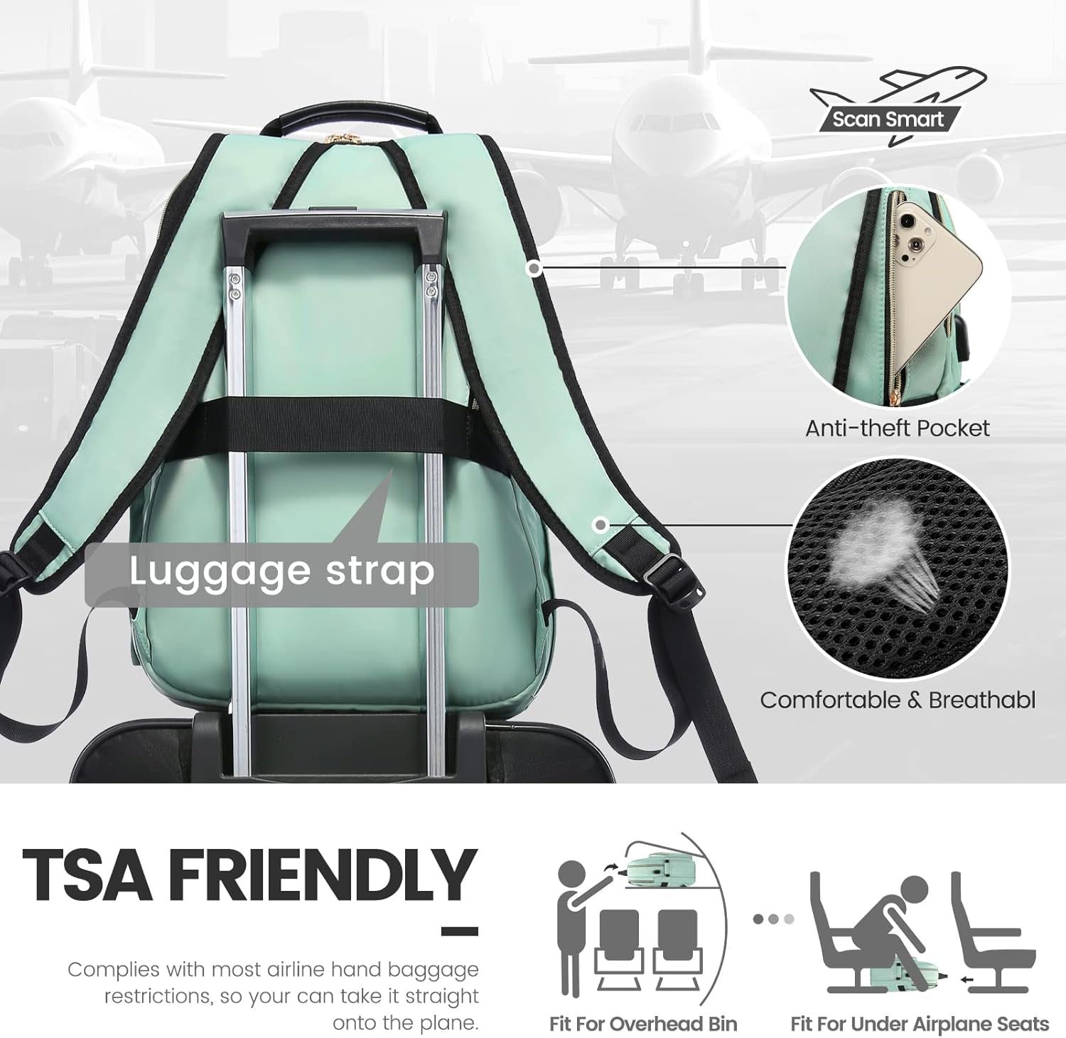Women’s Laptop Backpack 15.6 Inch – Stylish Waterproof Travel Backpack Purse with USB Charging Port | Professional College, Work, Teacher & Business Computer Bag (Mint Green) - RELUX.STORE