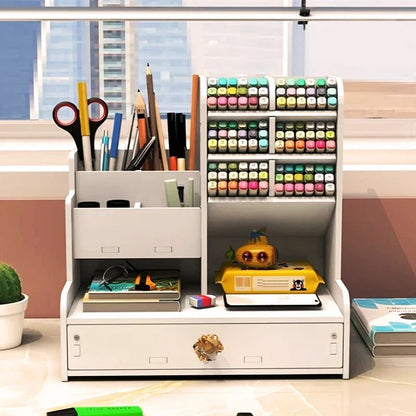 Wooden Desk Organiser DIY Desktop Tidy Pen Holder Large Capacity Stationery Storage Box with Drawer for Home Office and School - RELUX.STORE