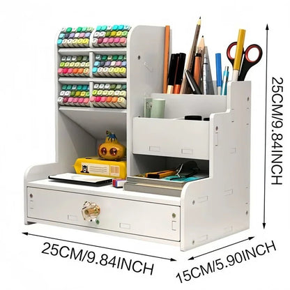 Wooden Desk Organiser DIY Desktop Tidy Pen Holder Large Capacity Stationery Storage Box with Drawer for Home Office and School - RELUX.STORE