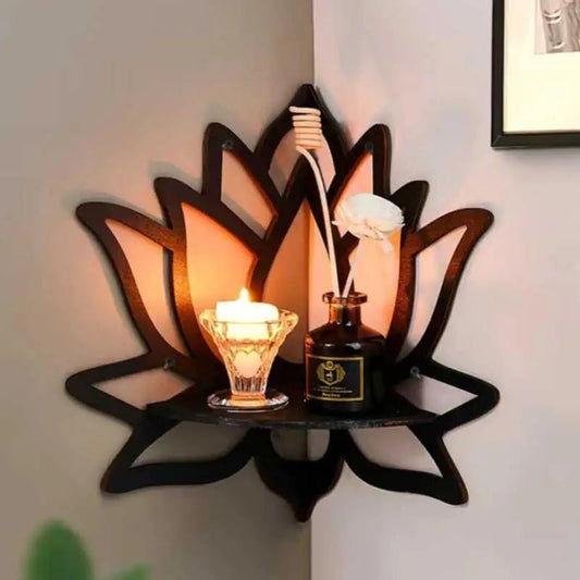 "Wooden Lotus Hollow Wall Shelf – Aromatherapy & Essential Oil Organizer, Candle Holder, Corner Decorative Rack for Home, Spa & Bedroom" - RELUX.STORE